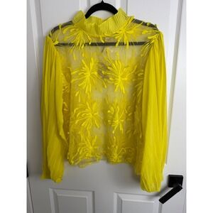 FT Inc Womens Plus 3X Yellow Mesh Floral Embroidered Mock Neck Blouse Sheer Top